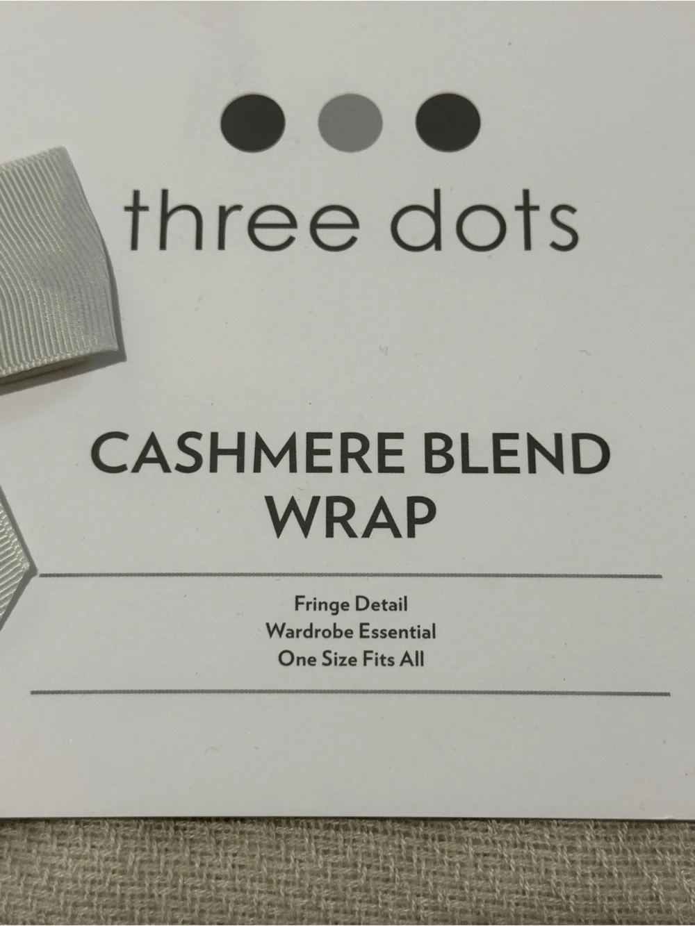 Three Dots Neutral Beige and Black Cashmere Blend Wrap. Fringe Detail. One Size.